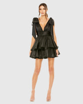 Black Oversized Bow Deep V Ruffle Mini Dress